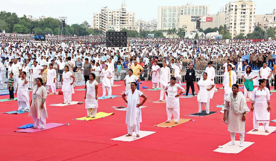 Gujarat Chief Minister Anandiben Patel participate in a mass yoga session to mark the International Yoga Day at Ahmedabad, India on June 21, 2015. (SOLARIS IMAGES)