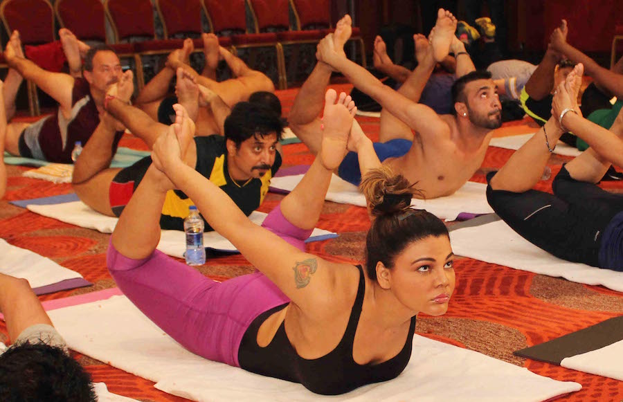 Bollywood actor Rakhi Sawant participate in a mass yoga session to mark the International Yoga Day in Mumbai, India on June 21, 2015. (Pravin Utturkar/SOLARIS IMAGES)