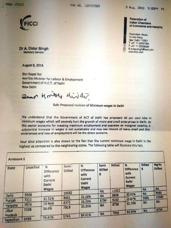 ficci letter on minimum wages